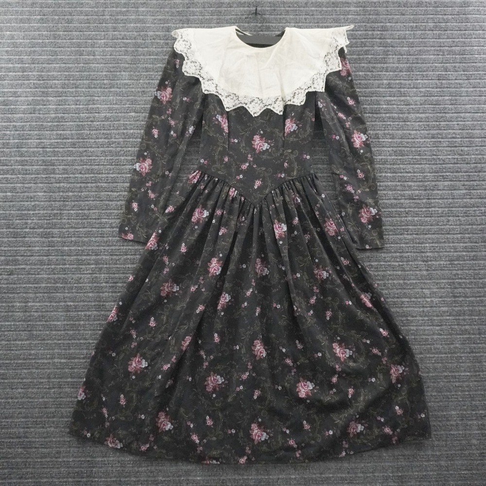 Vintage Jessica McClintock Gunne Sax Maxi Dress Womens 3 Black Floral Lace
